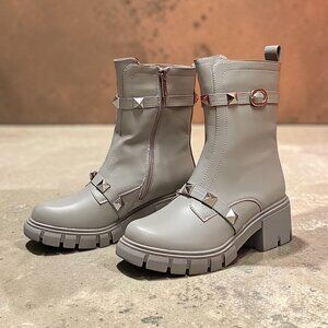Studded Gray Combat-Style Ankle Boots With Chunky Block Heel And Side Zipper Clo